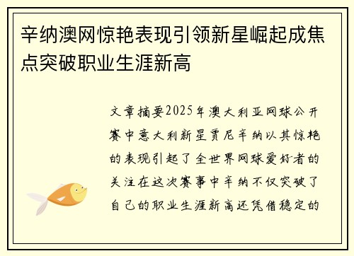 辛纳澳网惊艳表现引领新星崛起成焦点突破职业生涯新高