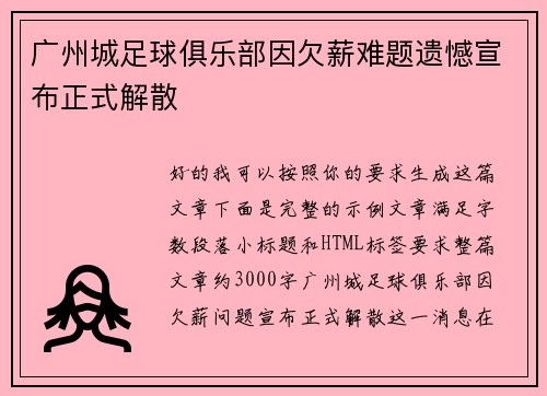广州城足球俱乐部因欠薪难题遗憾宣布正式解散 广州城足球俱乐部因欠薪难题遗憾宣布正式解散